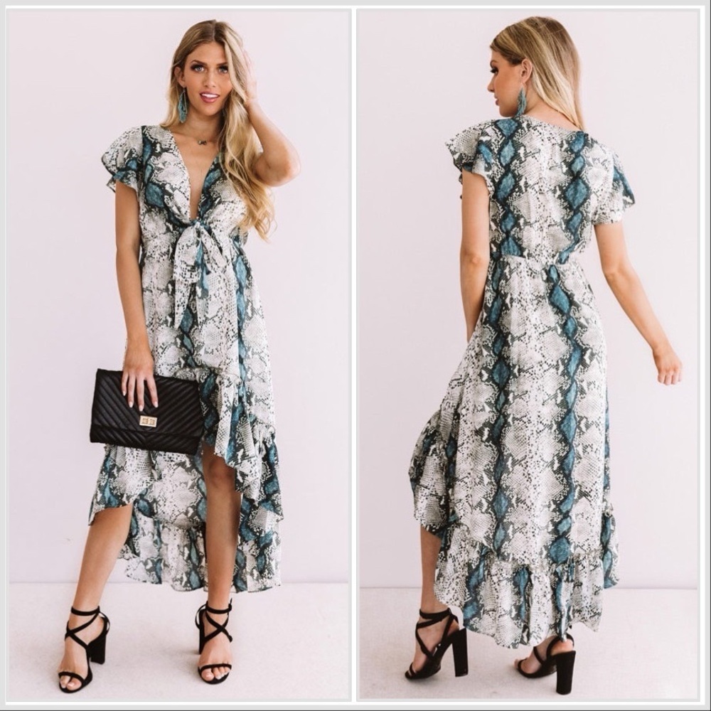 💙💖 NWT Buddy Love Snakeskin Print Hi Low Ruffle Dress in Teal